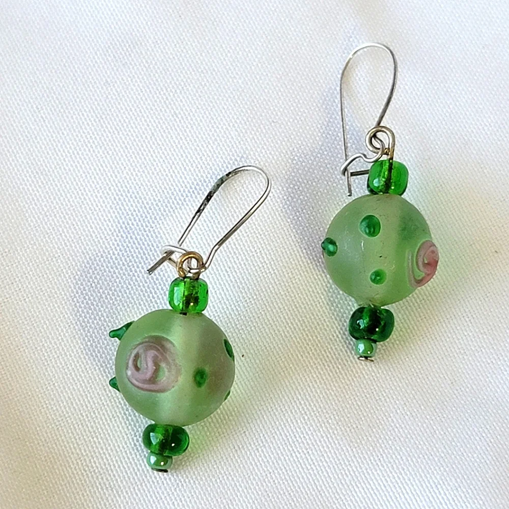 Green Glass Drop Earrings Lampwork Style