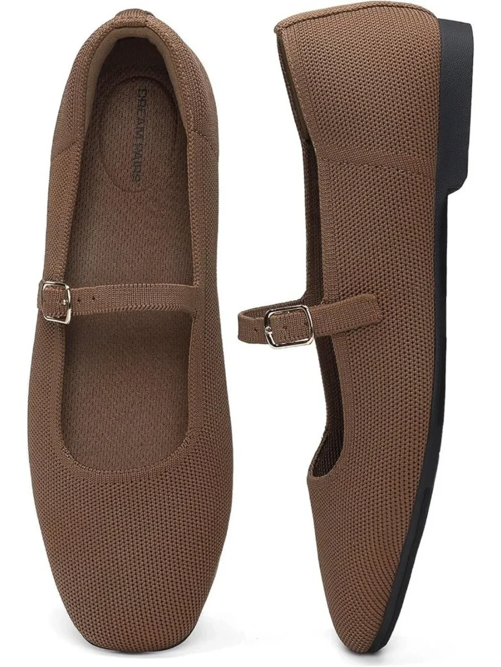 Women's Brown Knit Mary Jane Square Toe Stretchy Buckle Ballet Flat Casual Shoes