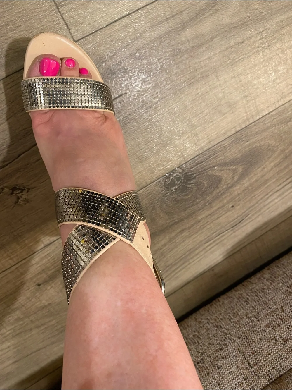 Stuart Weitzman Nude Platform Sandals with Silver Rhinestone Straps