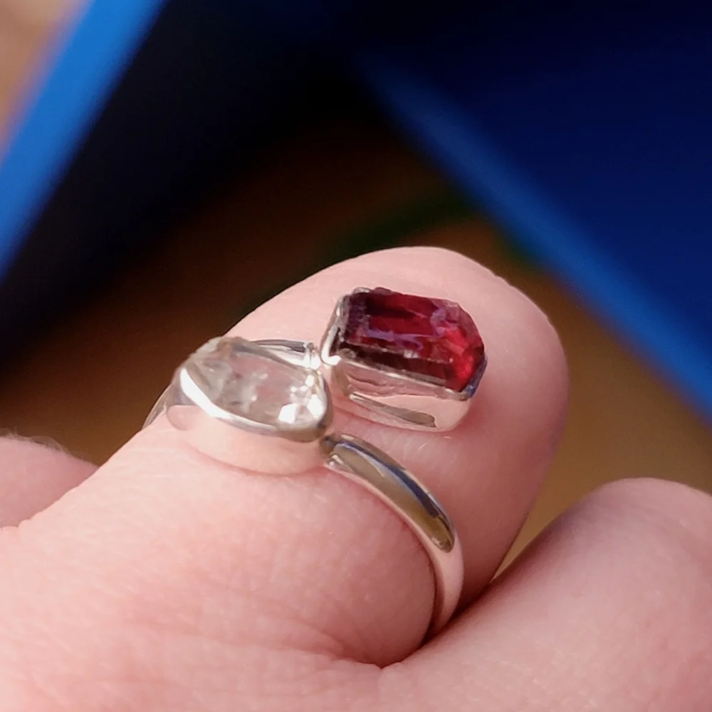 Garnet with Herkimer Diamond Sterling Silver Bypass Gemstone Ring