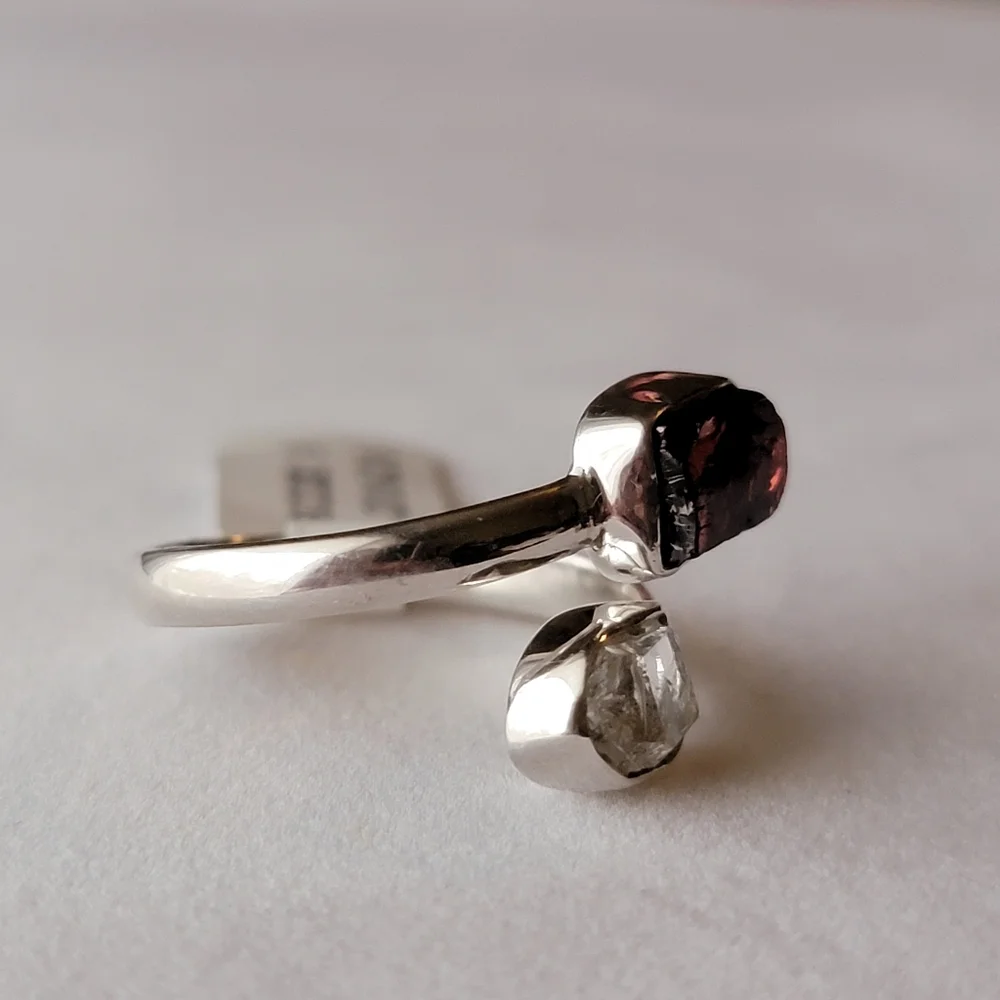 Garnet with Herkimer Diamond Sterling Silver Bypass Gemstone Ring