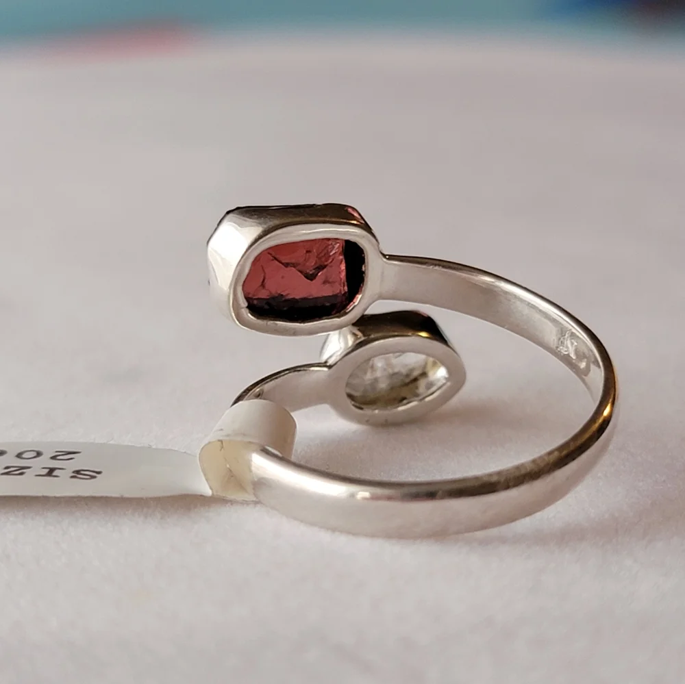 Garnet with Herkimer Diamond Sterling Silver Bypass Gemstone Ring