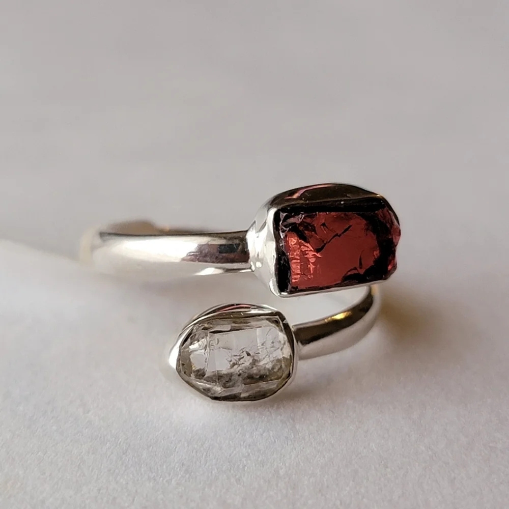 Garnet with Herkimer Diamond Sterling Silver Bypass Gemstone Ring