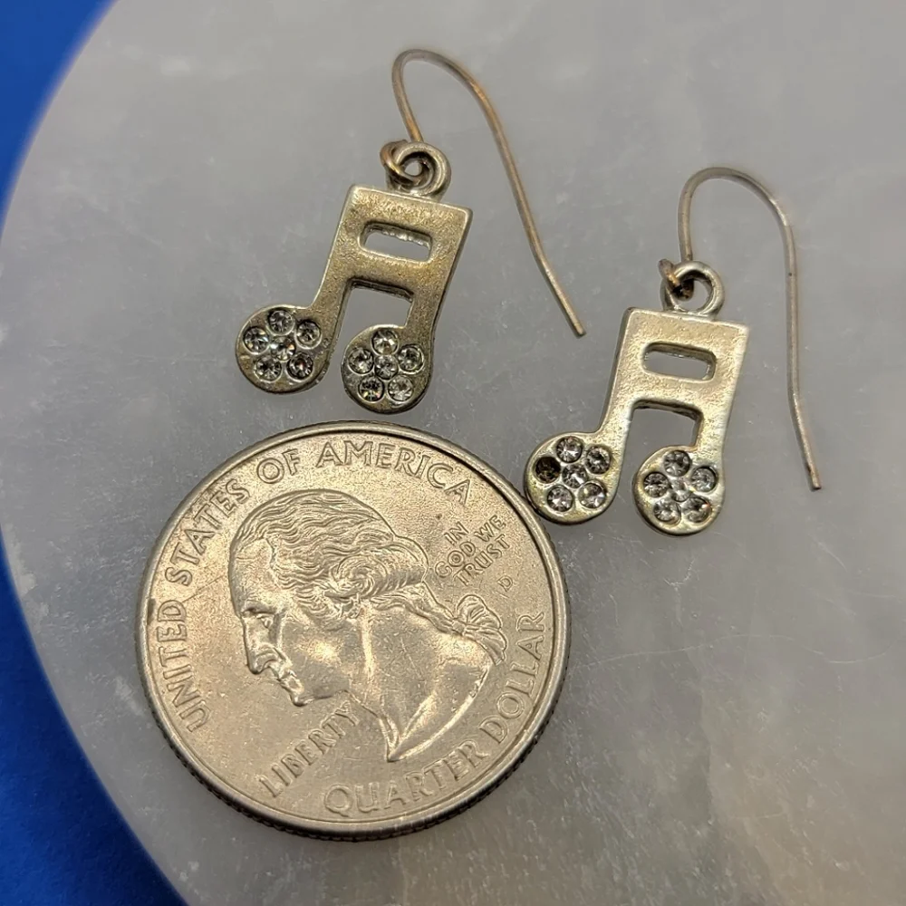 FREE with bundle Musical Note Drop Earrings Silver Tone Rhinestone Dangle Flawed