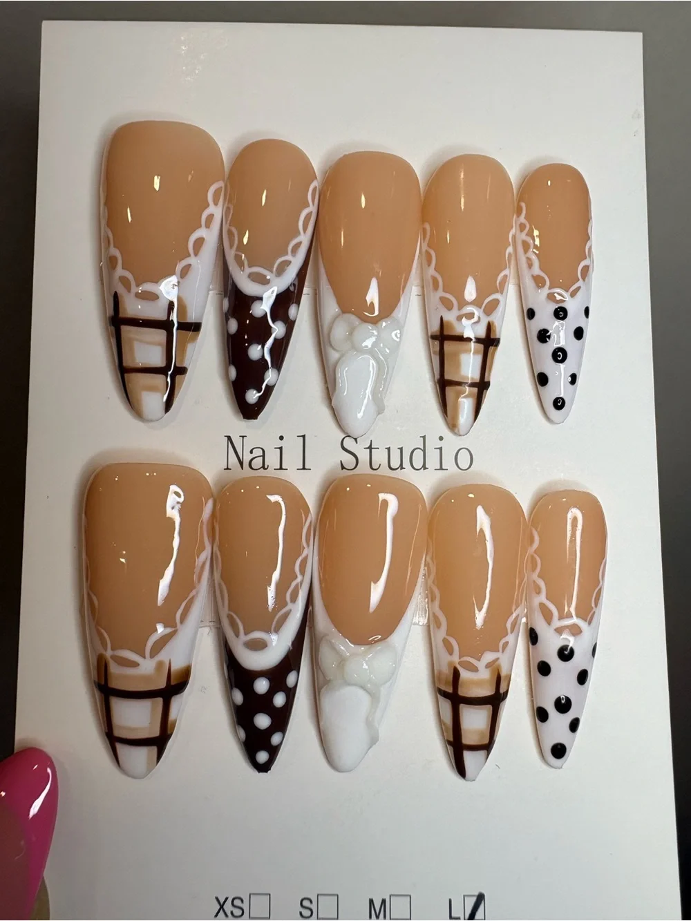 Nude & White Hand-Painted Stiletto Press-On Nails
