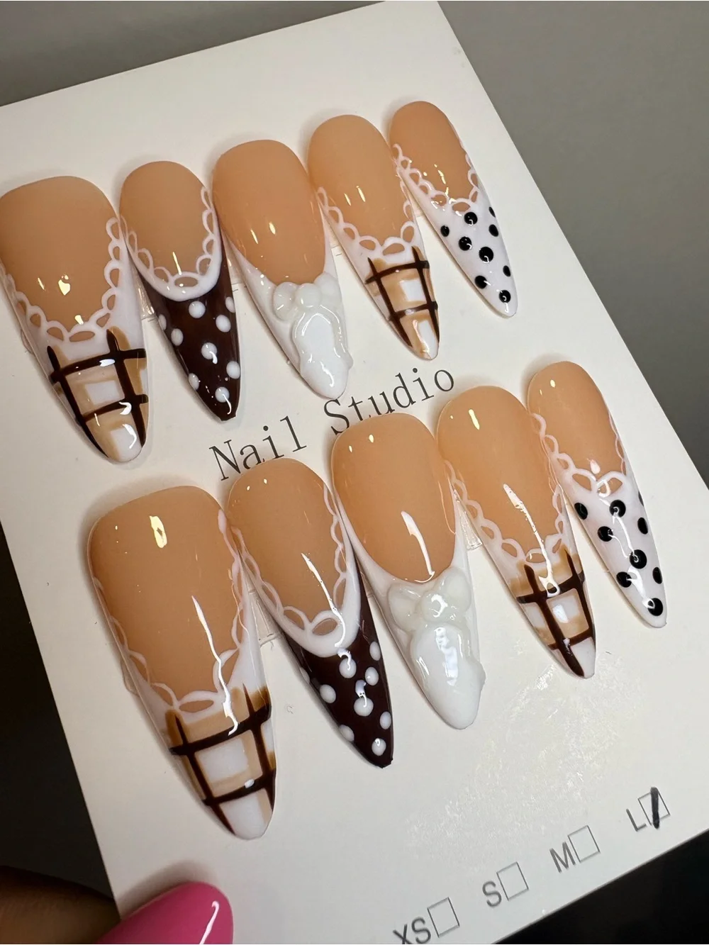 Nude & White Hand-Painted Stiletto Press-On Nails