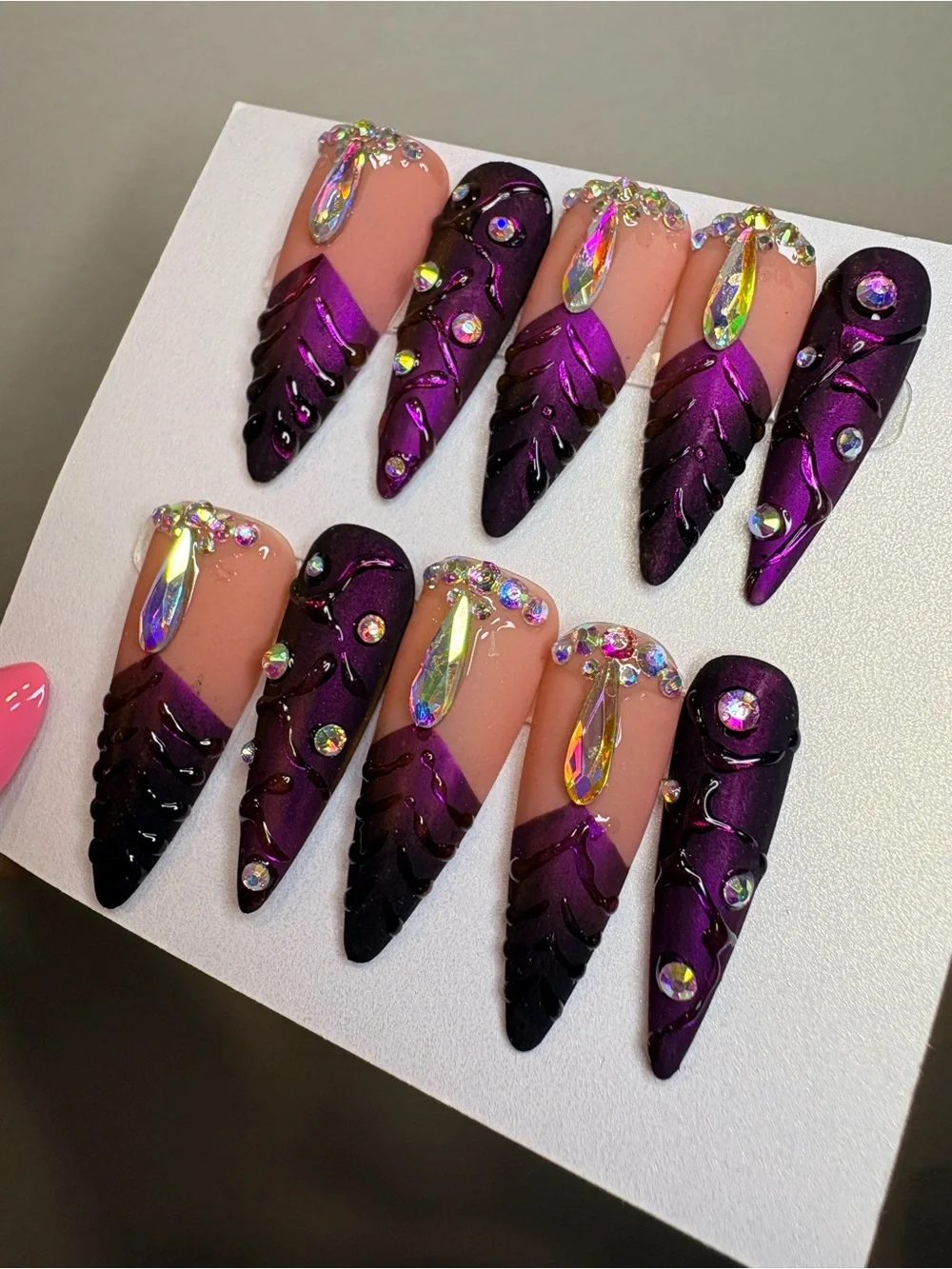 Stiletto Press-On Nails Set - Purple Ombre Rhinestone Accent