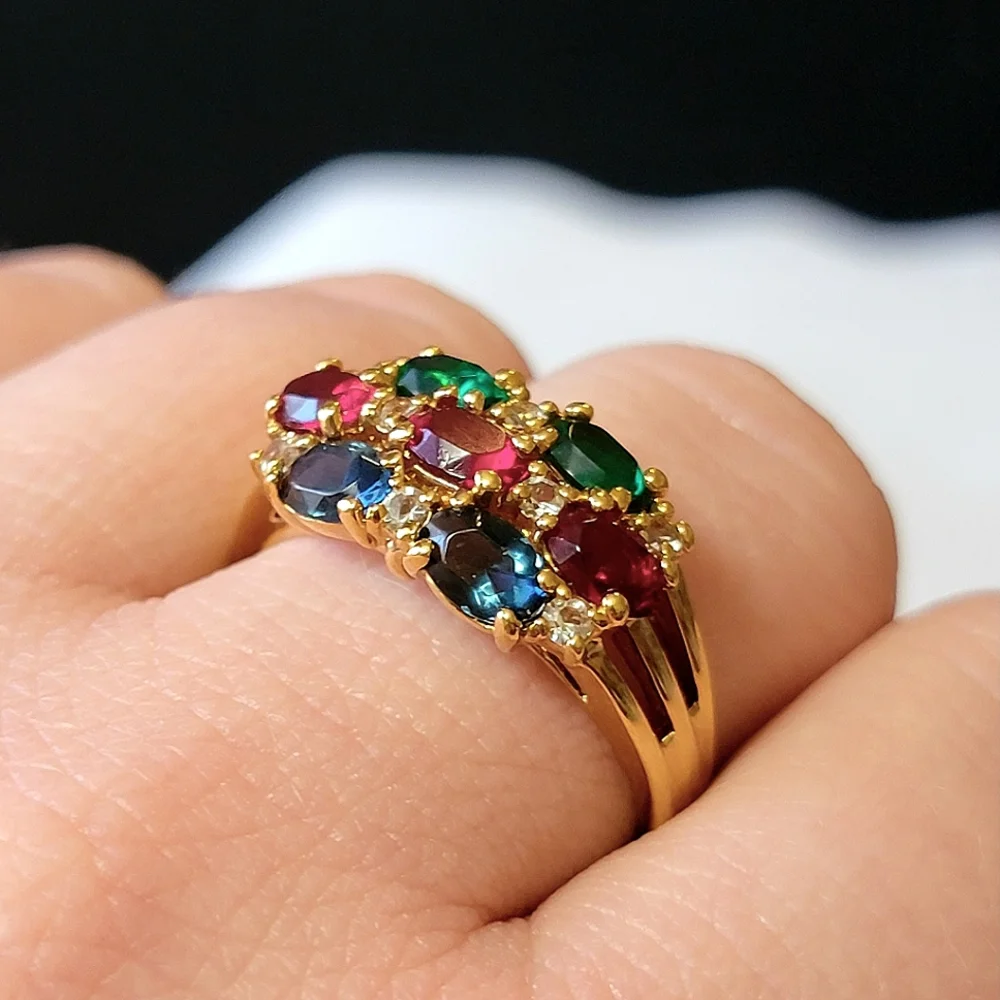 Multi-gem Gold Tone Cocktail Ring Faux Emerald Sapphire Ruby and Diamond Vintage
