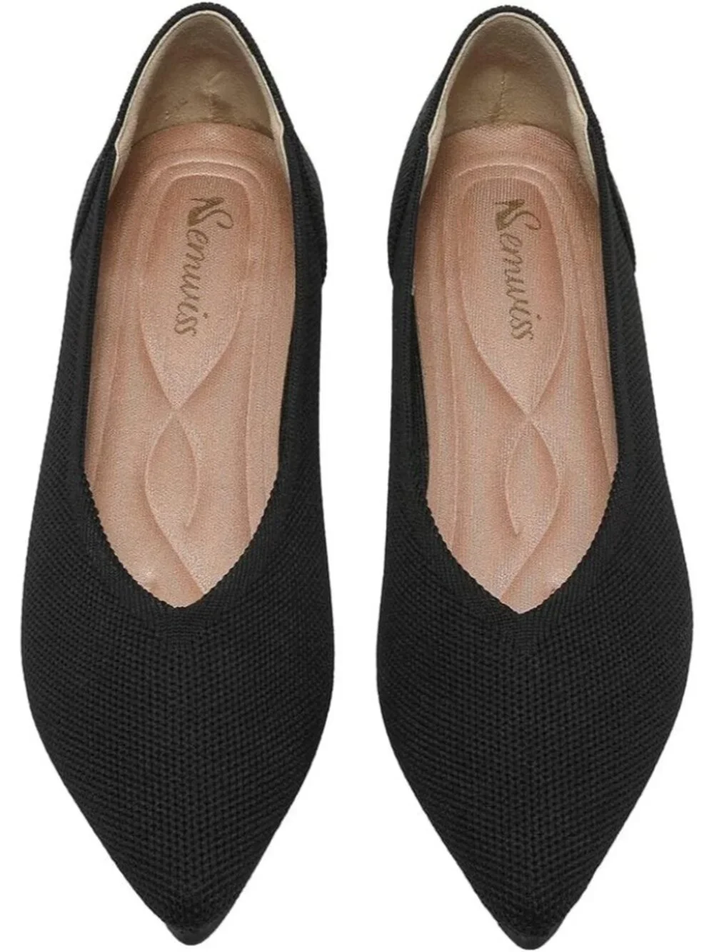 Women's Black Ballet Flats Pointed Toe Comfortable Knit Slip On Casual Shoes