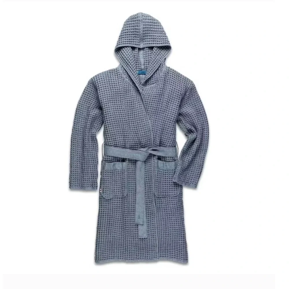 Onsen Hooded Waffle Robe Denim Blue Size L Supima Cotton Luxury Spa Huckberry‎