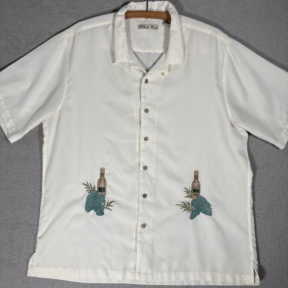 Batik Bay Shirt Mens XL Camp Tropical Beer Embroidery Wood Buttons Retro Dadcore