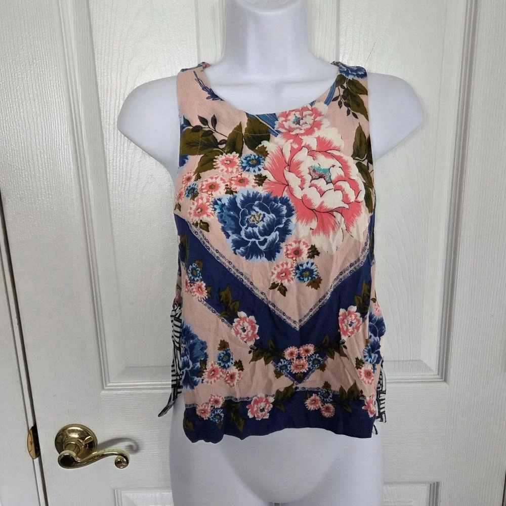 Free‎ People Floral Open Side Tie Crop Top Pink Blue Sleeveless XS Boho Festival