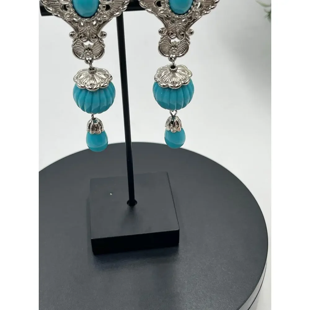 Jose Maria Barrera For Avon Signed Faux Turquoise Etruscan Revival Clip Earrings