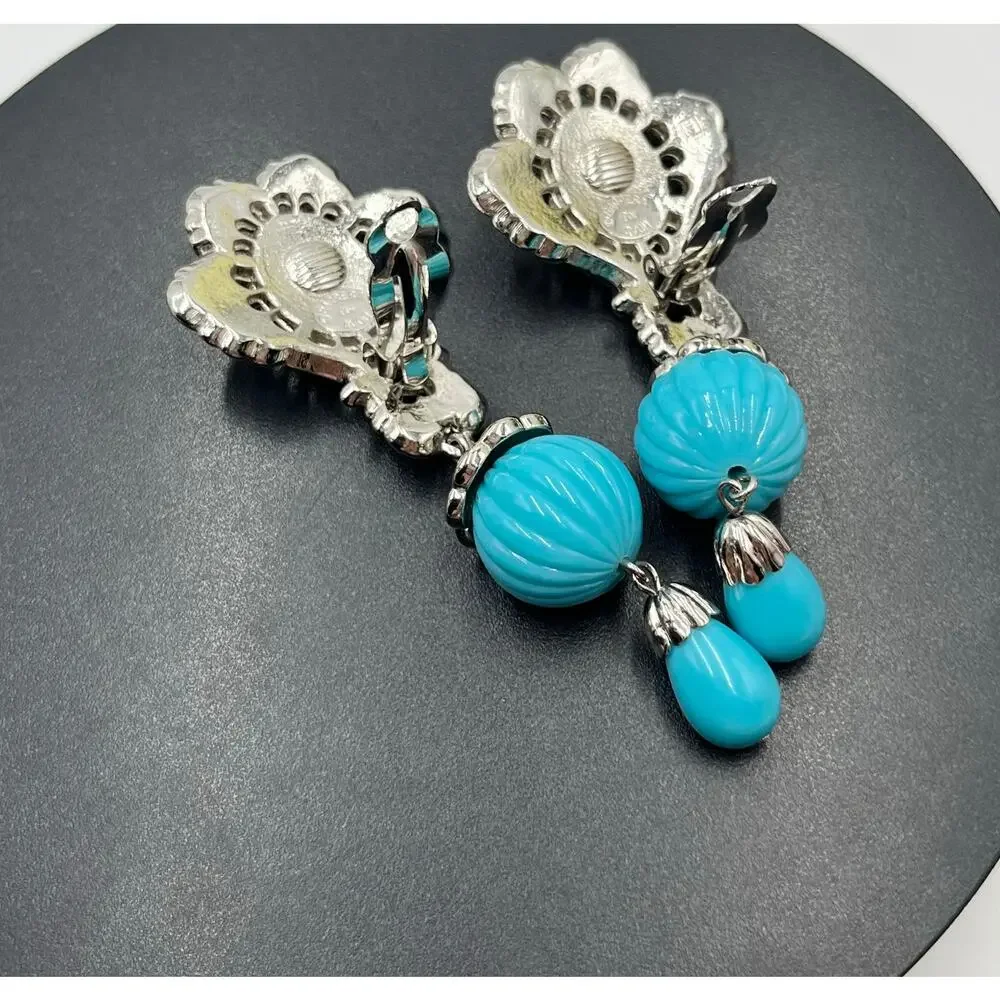 Jose Maria Barrera For Avon Signed Faux Turquoise Etruscan Revival Clip Earrings