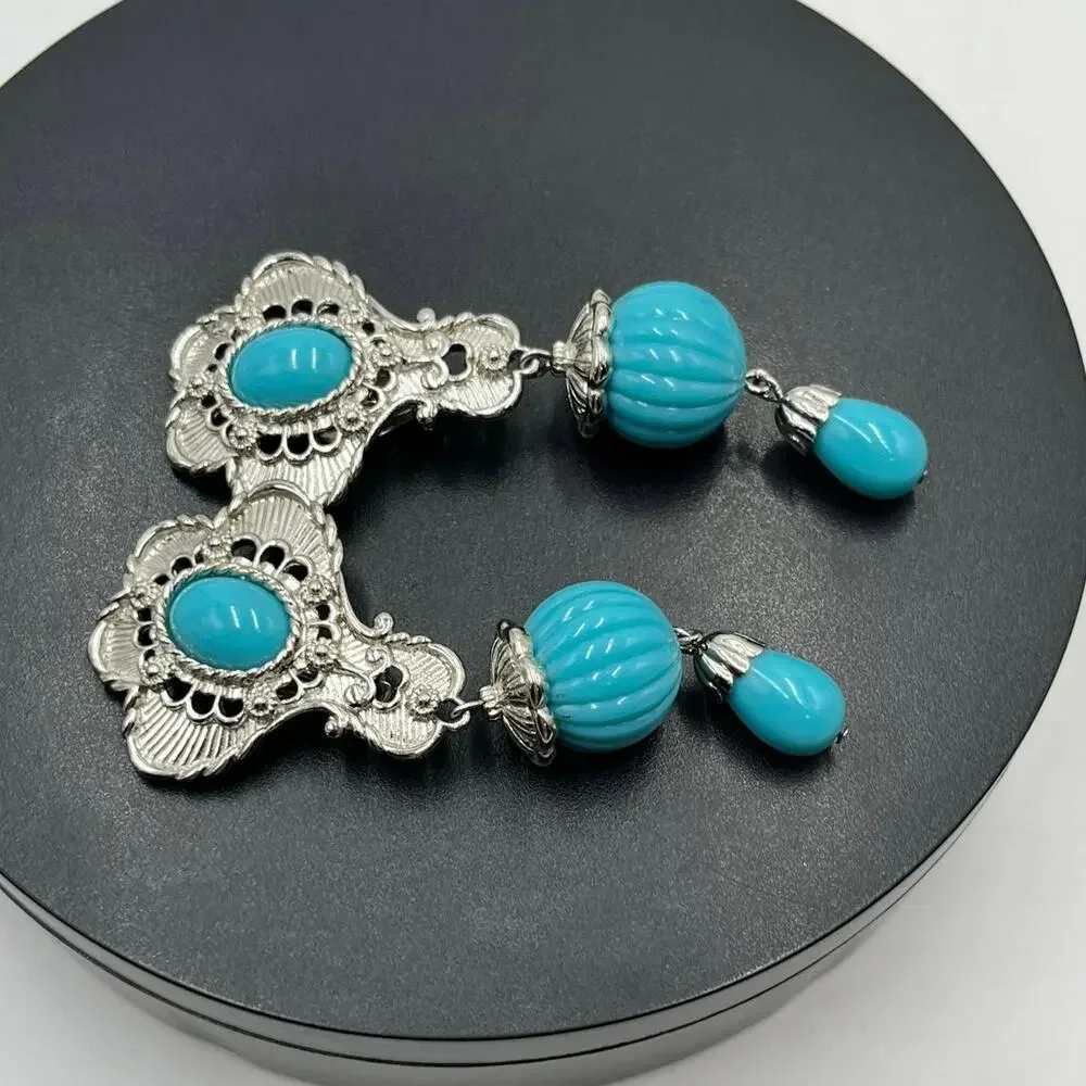 Jose Maria Barrera For Avon Signed Faux Turquoise Etruscan Revival Clip Earrings