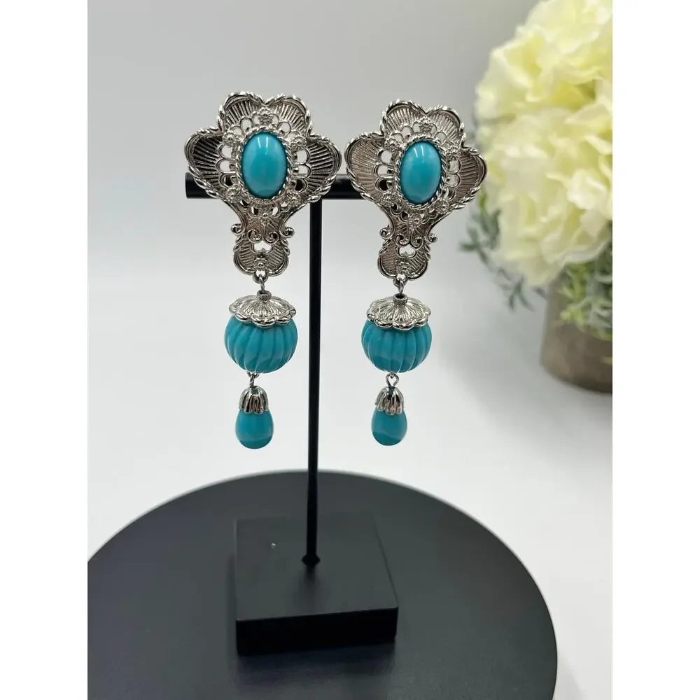 Jose Maria Barrera For Avon Signed Faux Turquoise Etruscan Revival Clip Earrings