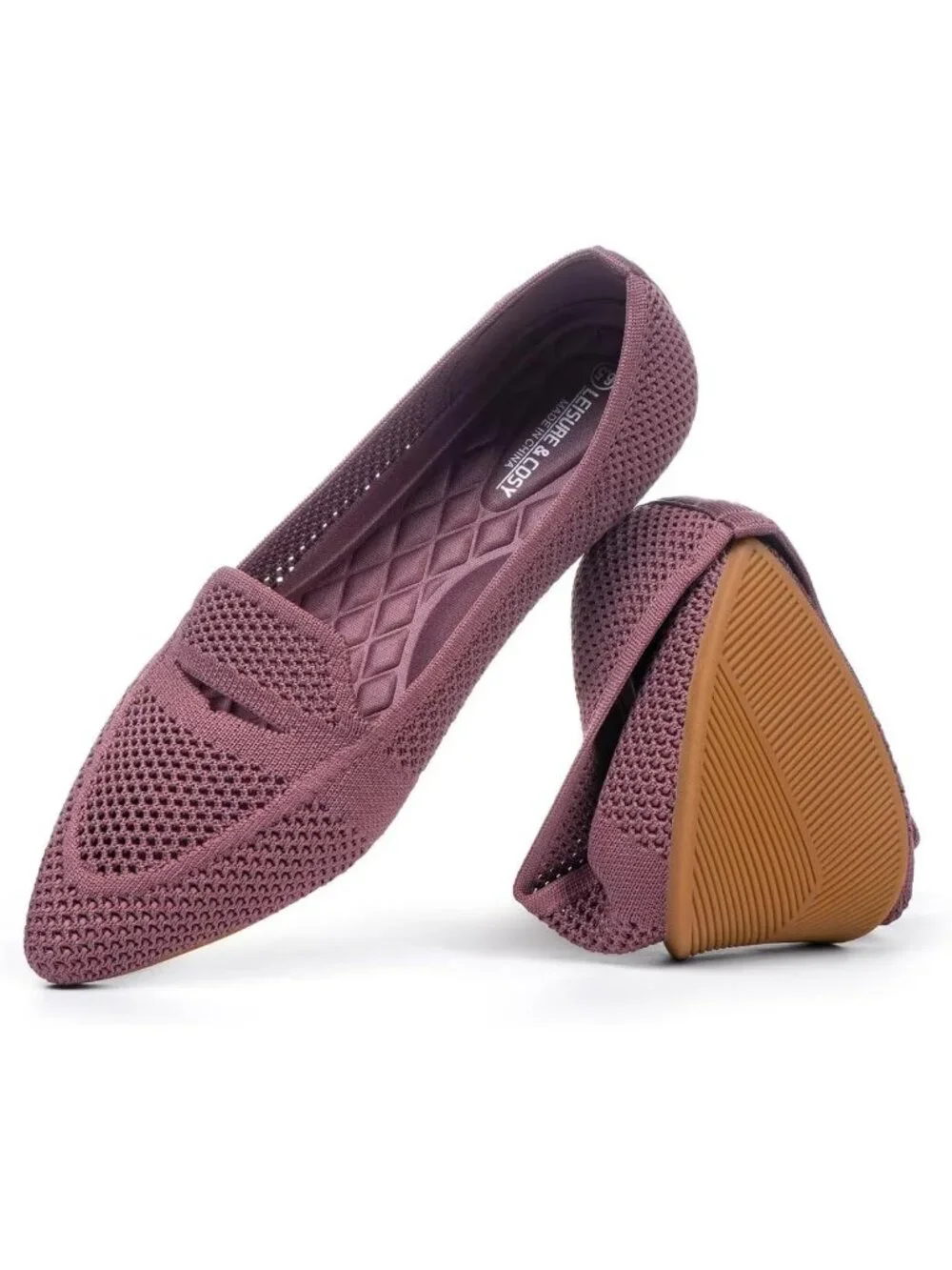 Women's Blush Pink Pointed Toe Penny Ballet Knit Mesh Slip On Flat Loafer Shoes