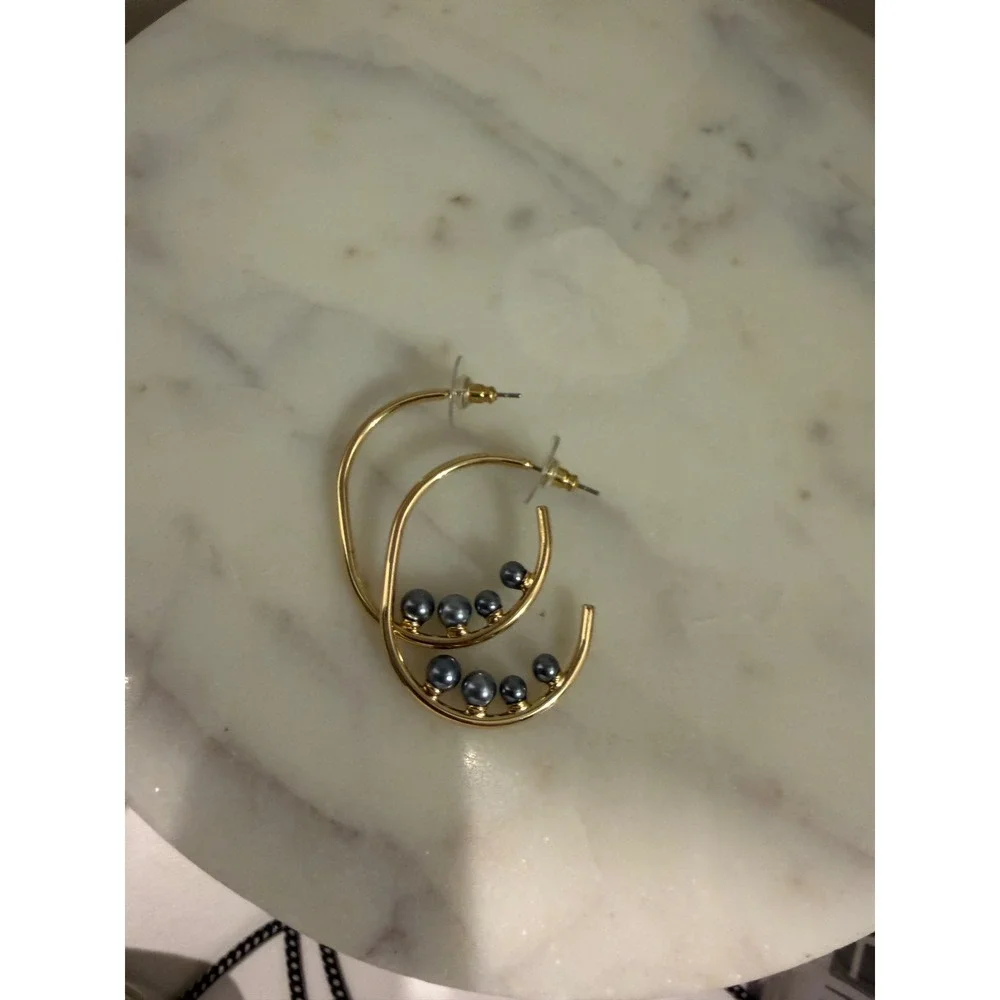 Gold Hoop Earrings With Gray‎ Pearls Dangle Drop Statement Women Fashion Jewelry