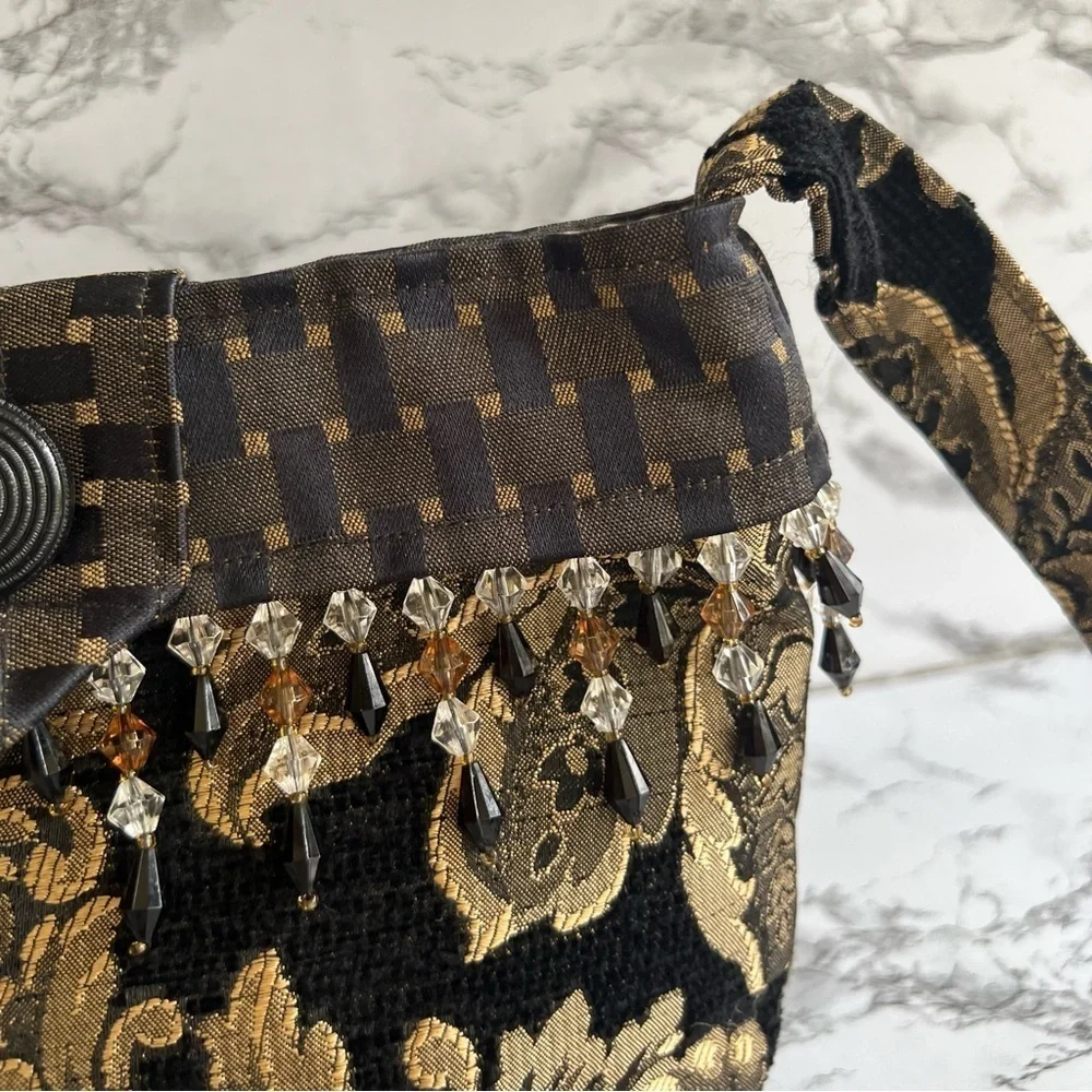 Bag Crossbody Shoulder Artisan Brocade Black Gold Metallic Beaded Tapestry