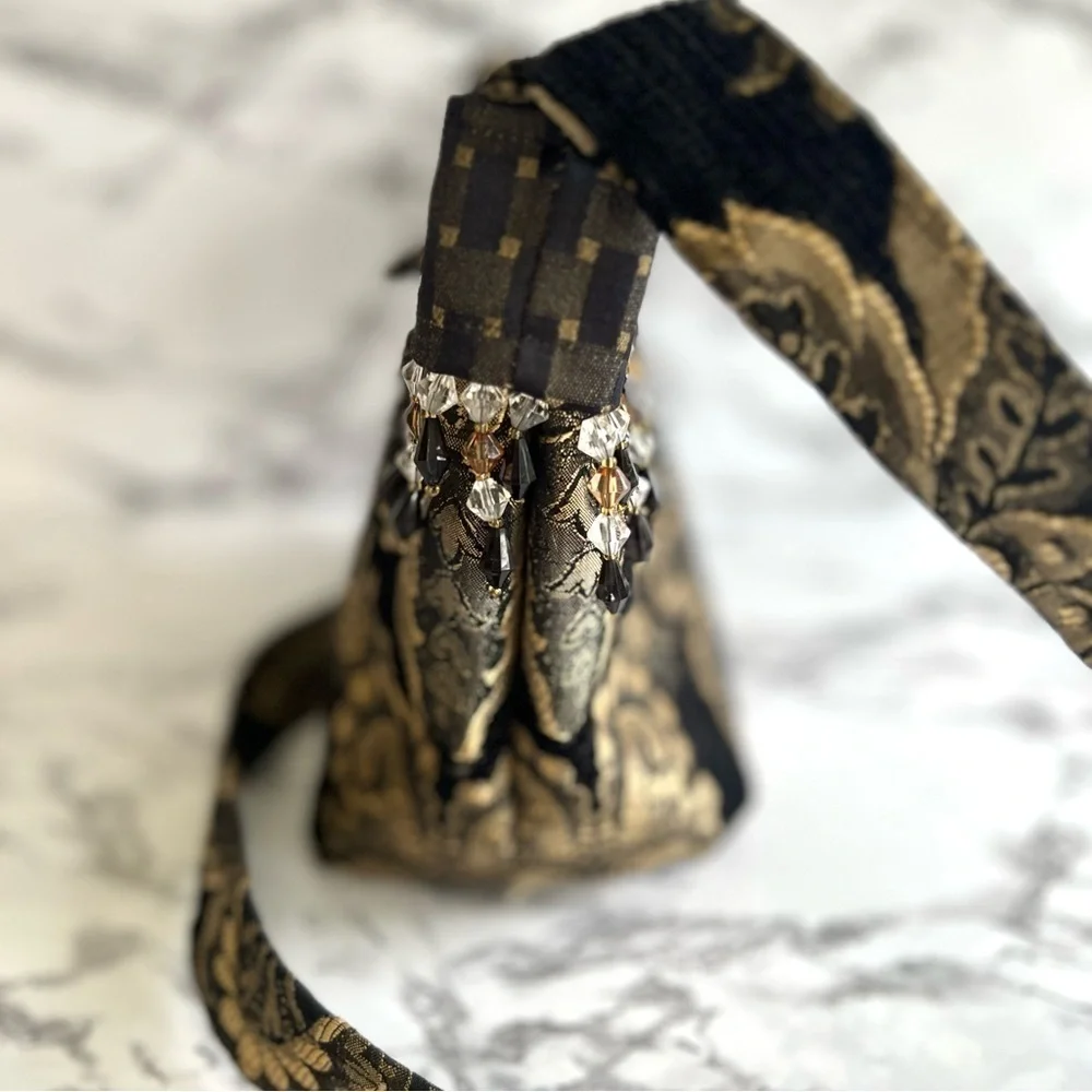 Bag Crossbody Shoulder Artisan Brocade Black Gold Metallic Beaded Tapestry