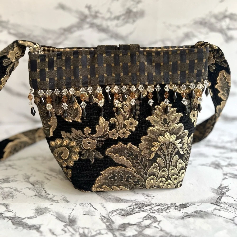 Bag Crossbody Shoulder Artisan Brocade Black Gold Metallic Beaded Tapestry