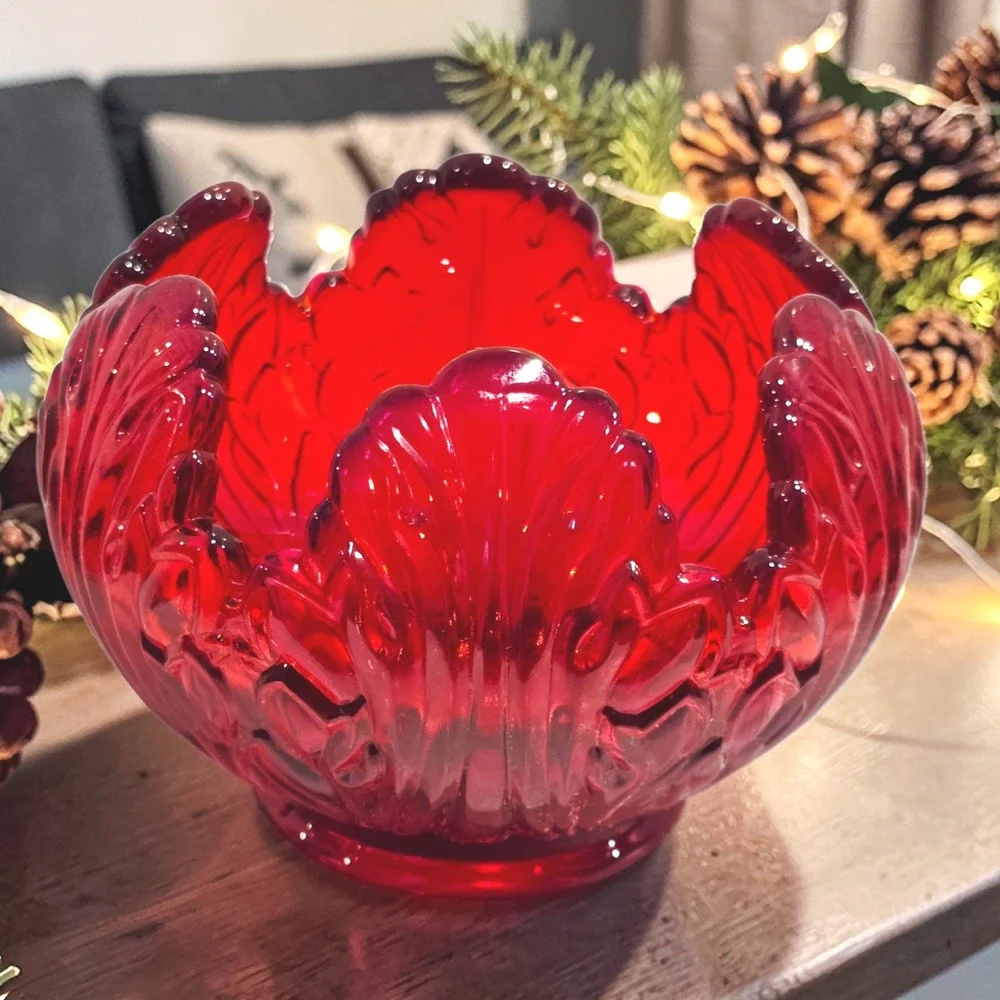 Fenton Red Cabbage Leaf Glass Bowl, Holiday Tableware, Scalloped Candy Dish