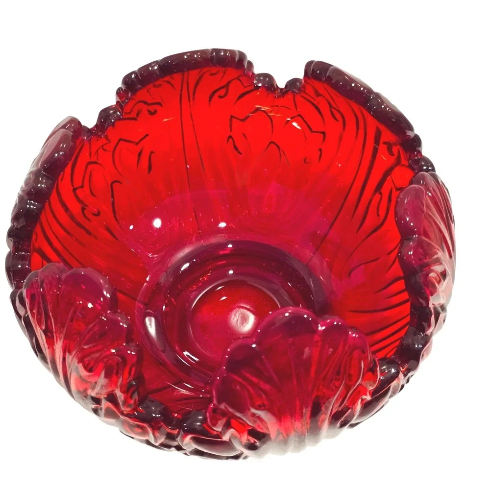 Fenton Red Cabbage Leaf Glass Bowl, Holiday Tableware, Scalloped Candy Dish