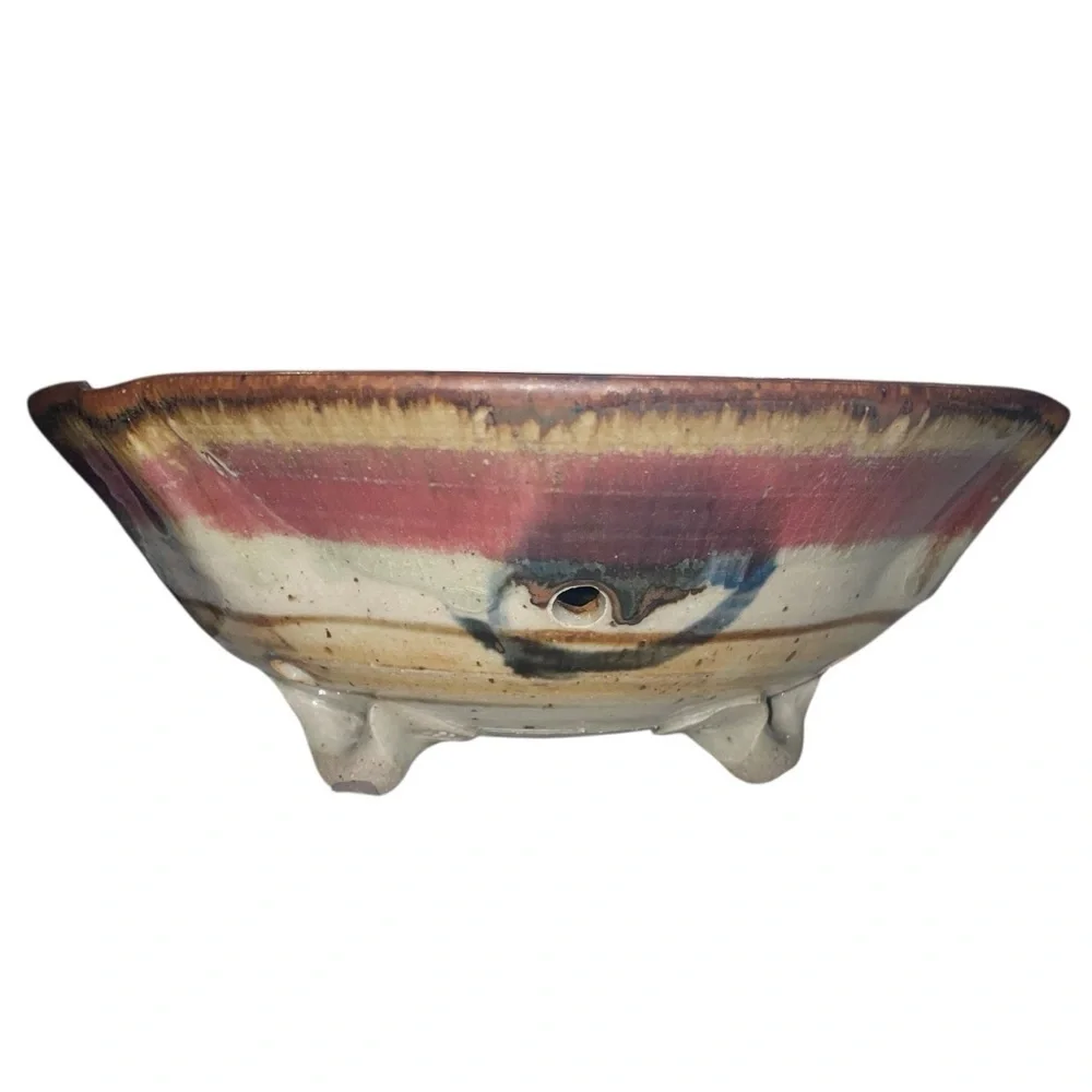 Handmade ET Signed Artisan Ceramic Berry Bowl Rustic Glazed Footed Colander