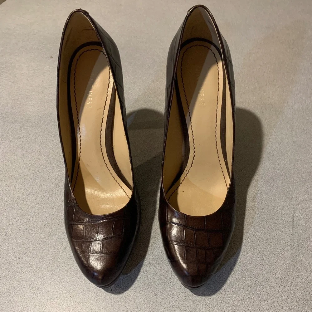 Nine West Brown Croc Print Leather Platform Pumps sz 8.5 M