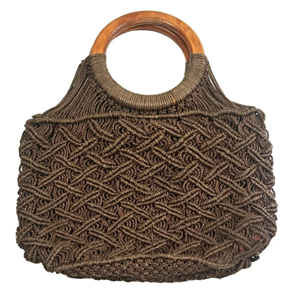 Vtg Macramé / Crochet Braided Purse‎ Hand Bag Round Wooden Handles 12x8