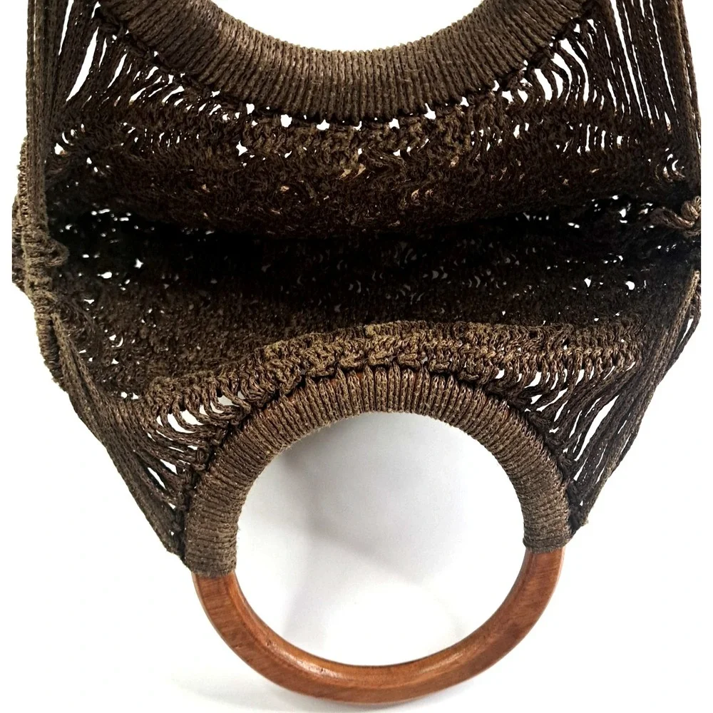 Vtg Macramé / Crochet Braided Purse‎ Hand Bag Round Wooden Handles 12x8