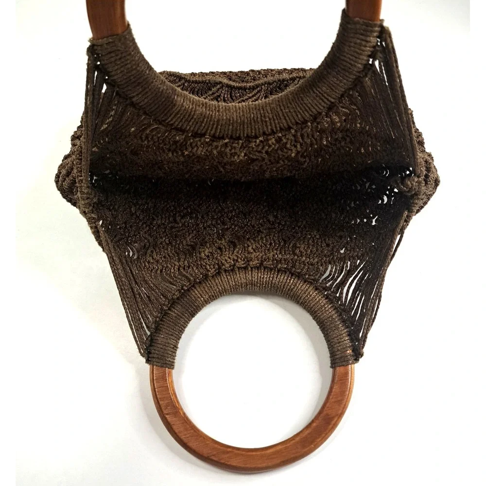 Vtg Macramé / Crochet Braided Purse‎ Hand Bag Round Wooden Handles 12x8