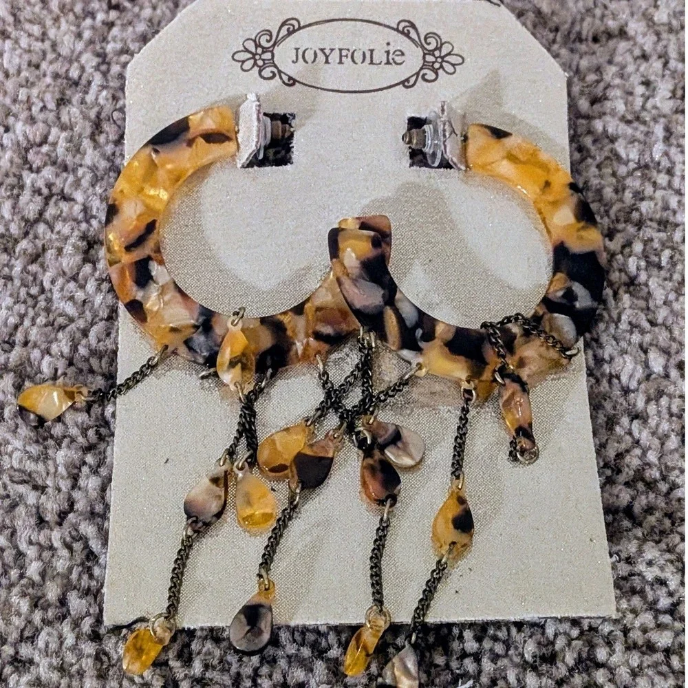 Joyfolie Tortoise Shell Hoop Earrings‎  Dangle Beads Gold Tone Post Back NWT $35