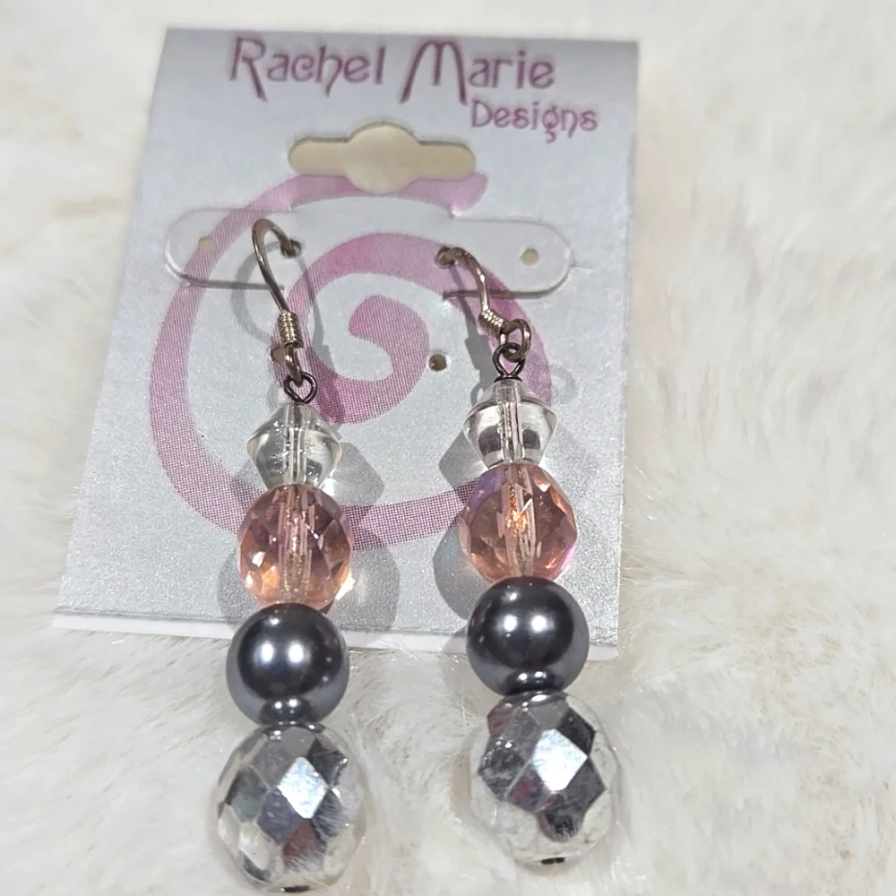 Rachel Marie designs hand crafted earrings ,silver, gray, pink, clear beads NEW