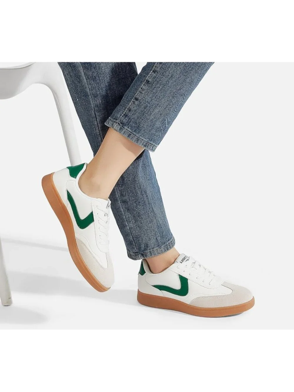Women's White/Green Classic Fashion Skate No Slip Lace Up Walking Sneaker Shoes