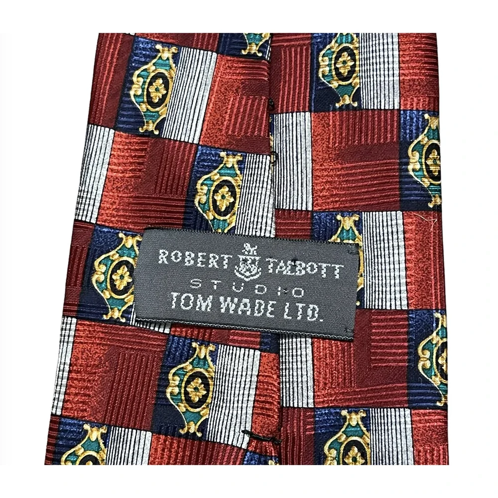 Robert Talbott Studio Mens Tie‎ Red Silver Blue Check Pattern 100% Silk 59