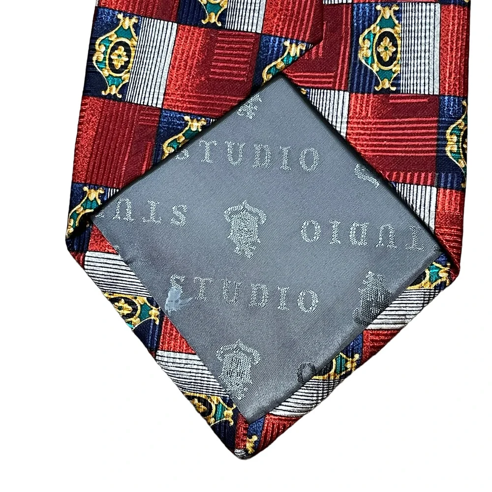 Robert Talbott Studio Mens Tie‎ Red Silver Blue Check Pattern 100% Silk 59
