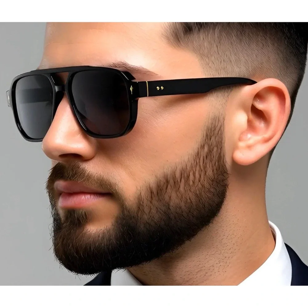 Dark Black‎ Outdoor Aviator Sunglasses Men's Square Double Bridge Stylish Shades
