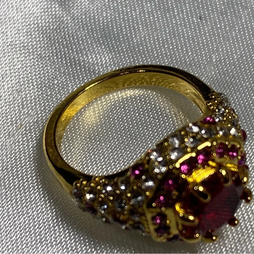 Gold Style Ring with Red Gemstone and Crystal Accents, costume jewelry