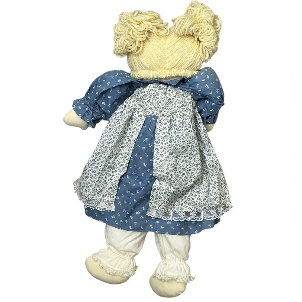 Shelf Sitter Rag Doll Hand Made Yarn Hair  Blue Floral Dress 24 Inch