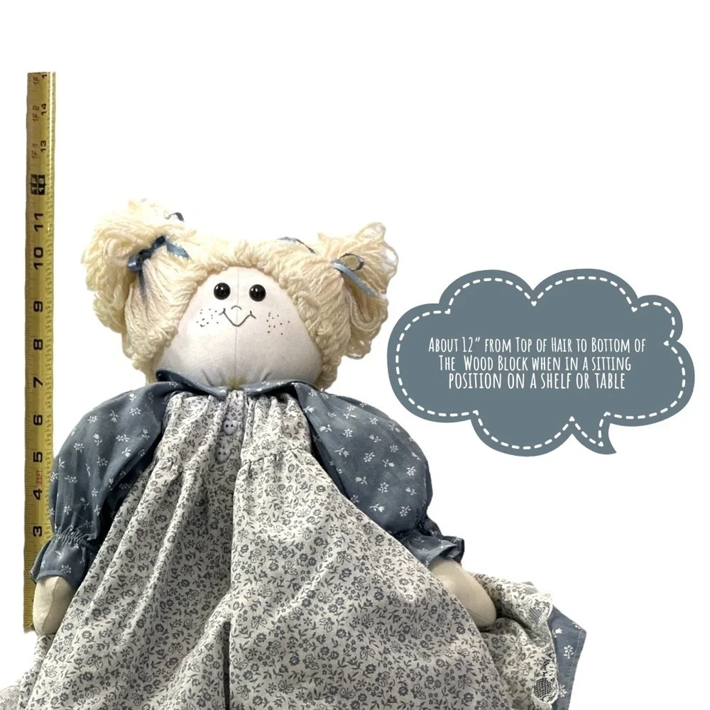 Shelf Sitter Rag Doll Hand Made Yarn Hair  Blue Floral Dress 24 Inch