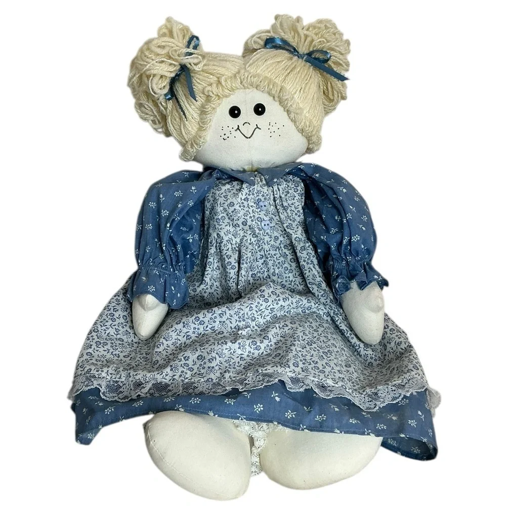 Shelf Sitter Rag Doll Hand Made Yarn Hair  Blue Floral Dress 24 Inch