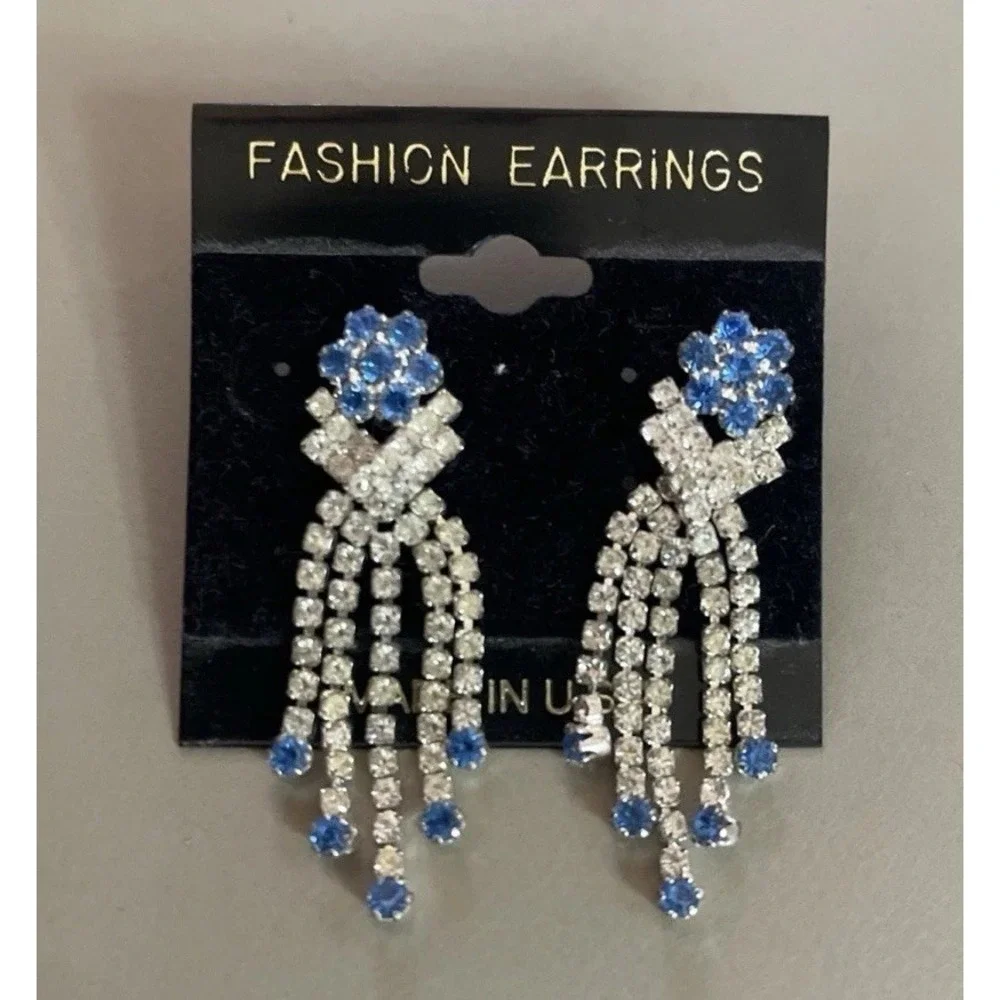 Vintage‎ Earrings Blue & Clear Rhinestones Dangle Post 2