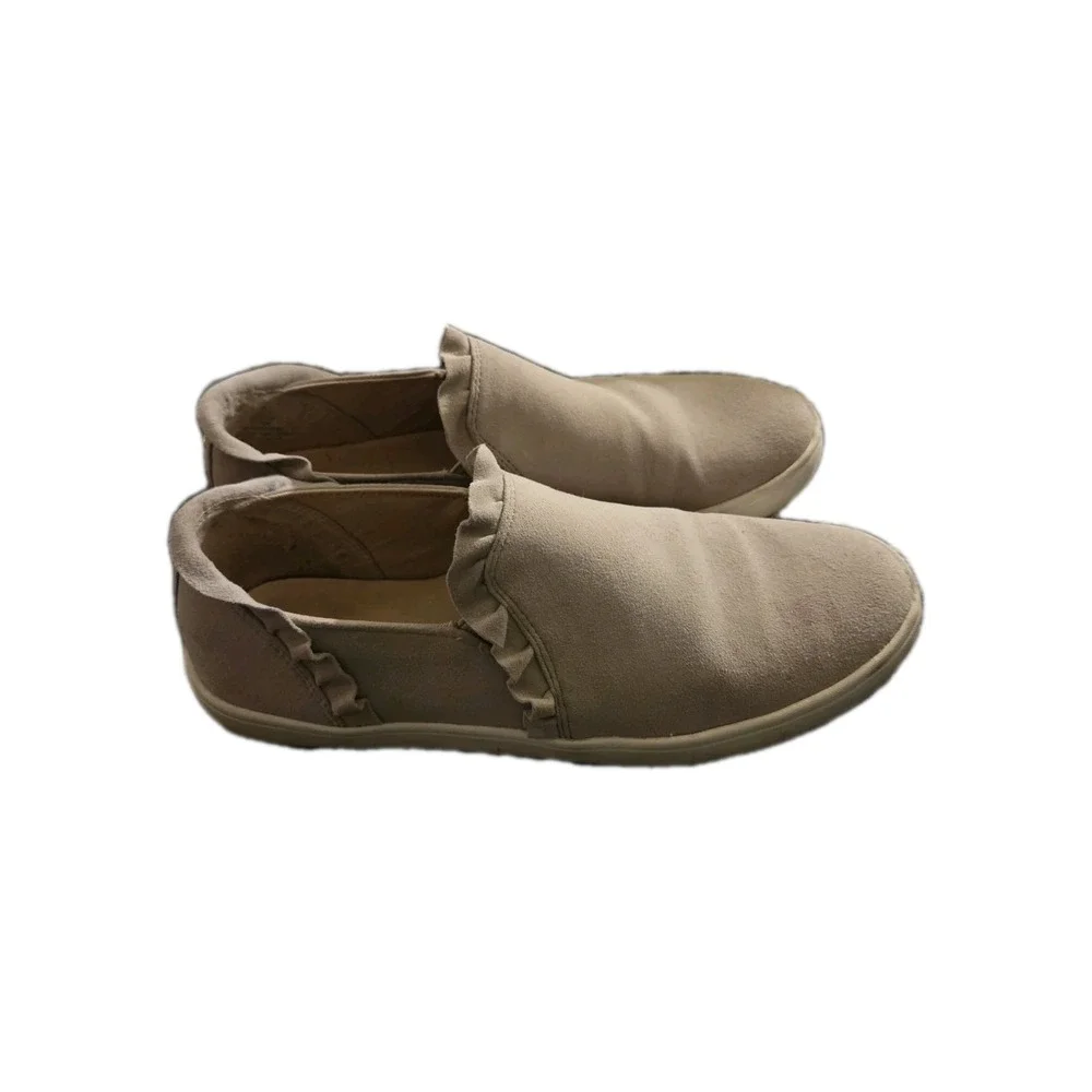 Kate Spade Lilly Ruffle Slip On Sneakers Beige Taupe Suede Leather‎ Flats 7.5M