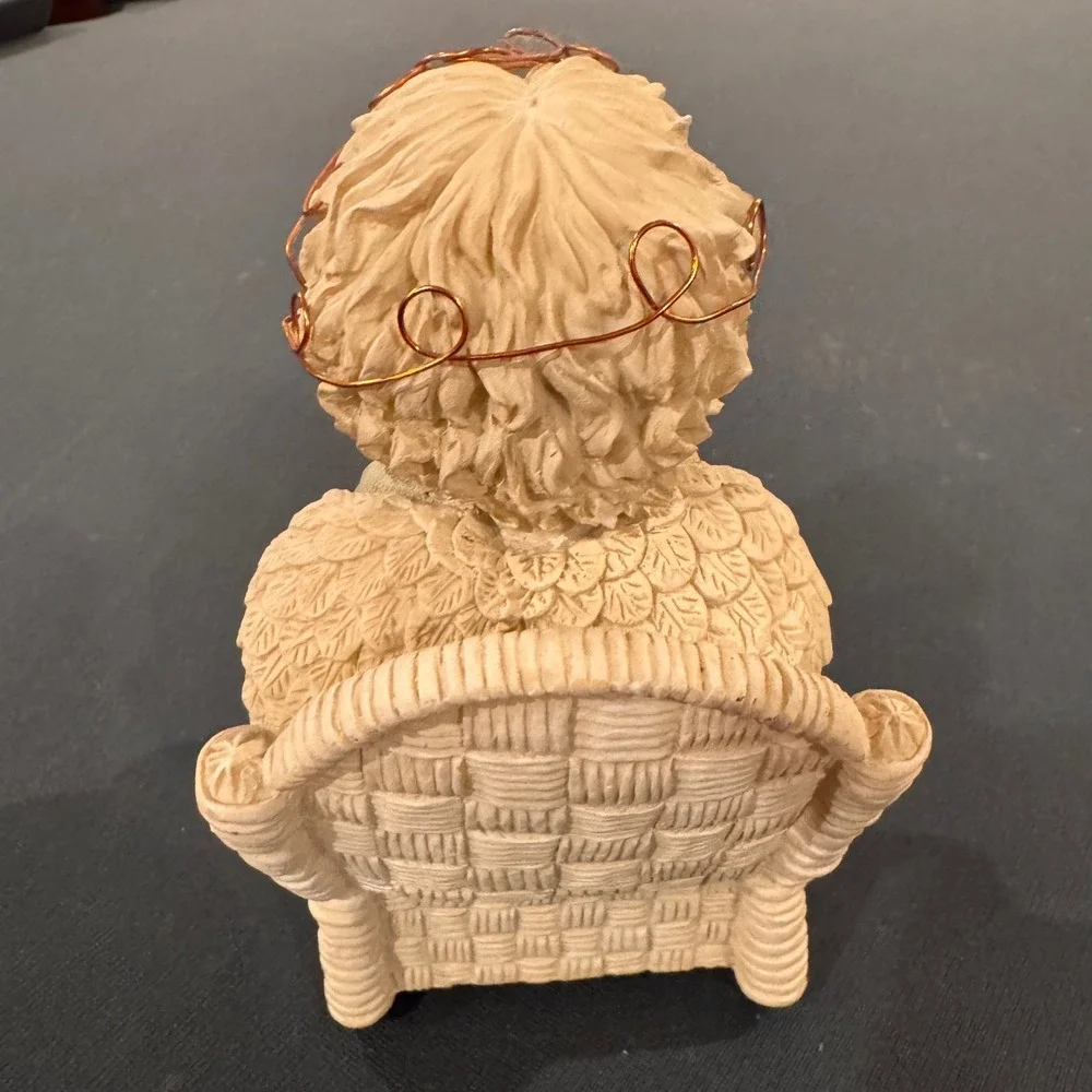 Vintage Musical Angel Cherub‎ Figurine Wicker Chair Bluebird Copper Halo Decor