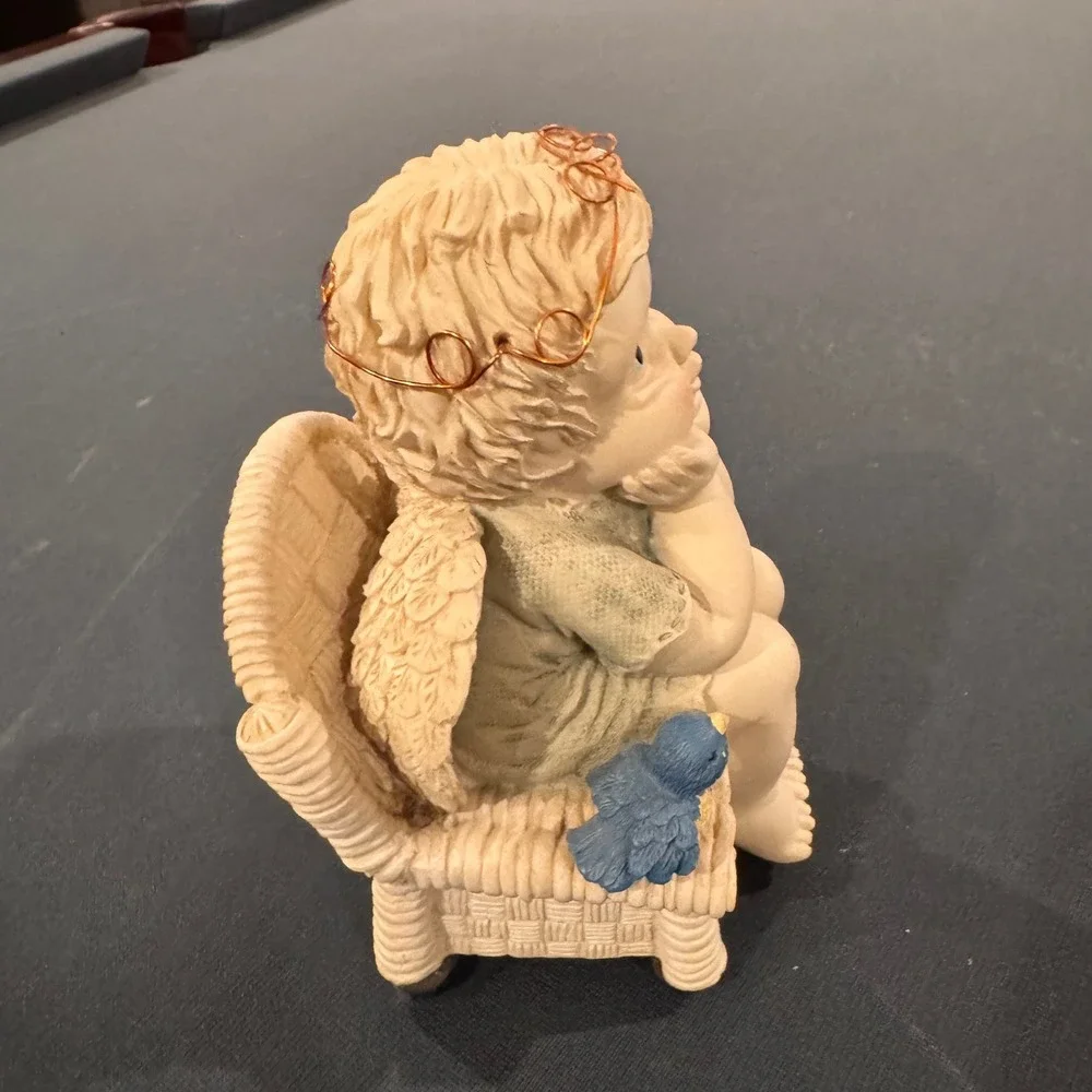 Vintage Musical Angel Cherub‎ Figurine Wicker Chair Bluebird Copper Halo Decor