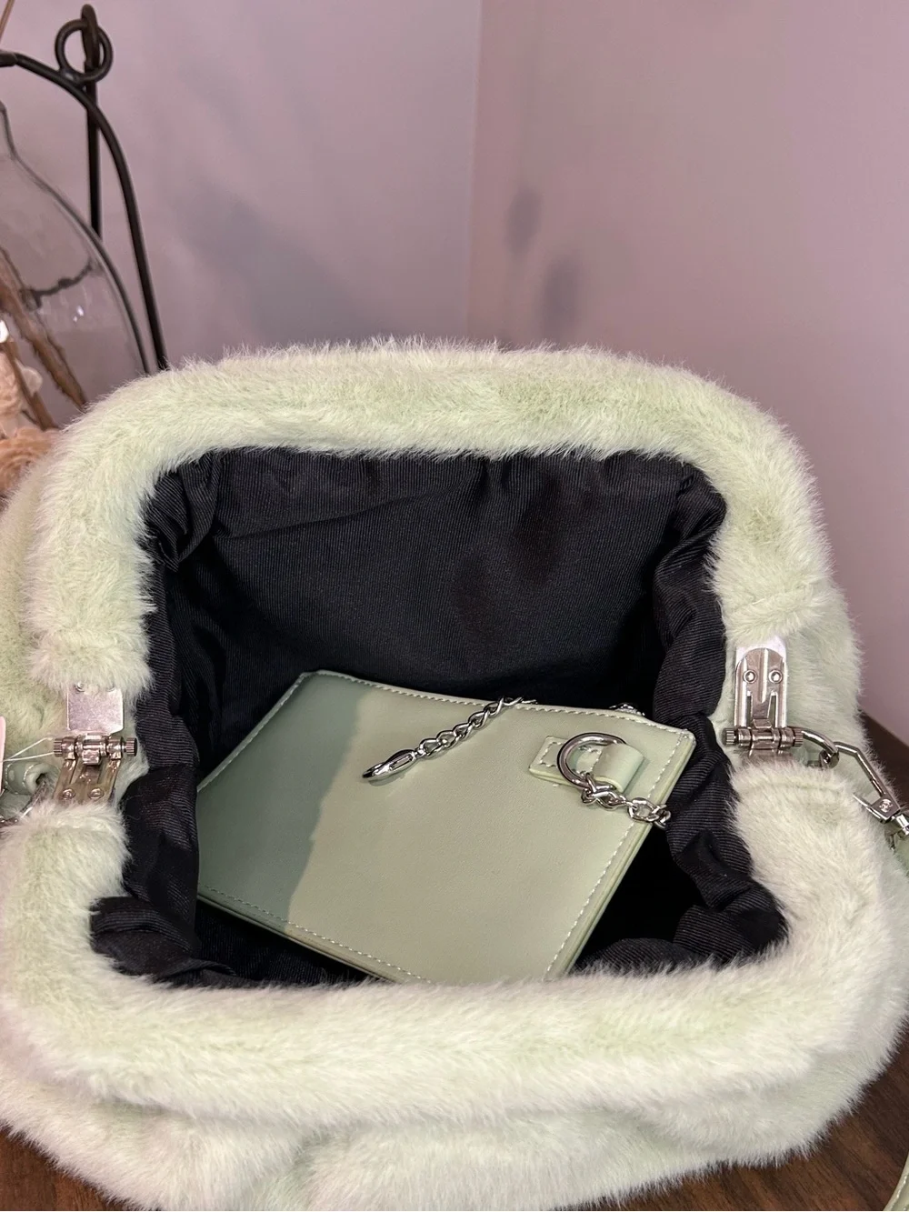 Anthropologie NWT Sage Green Faux Fur Shoulder Crossbody Bag with Pouch