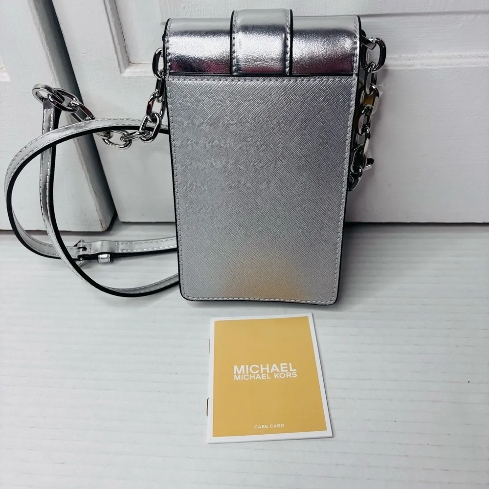 New MICHAEL MICHAEL KORS Carmen Silver Small Logo Smartphone Crossbody Bag
