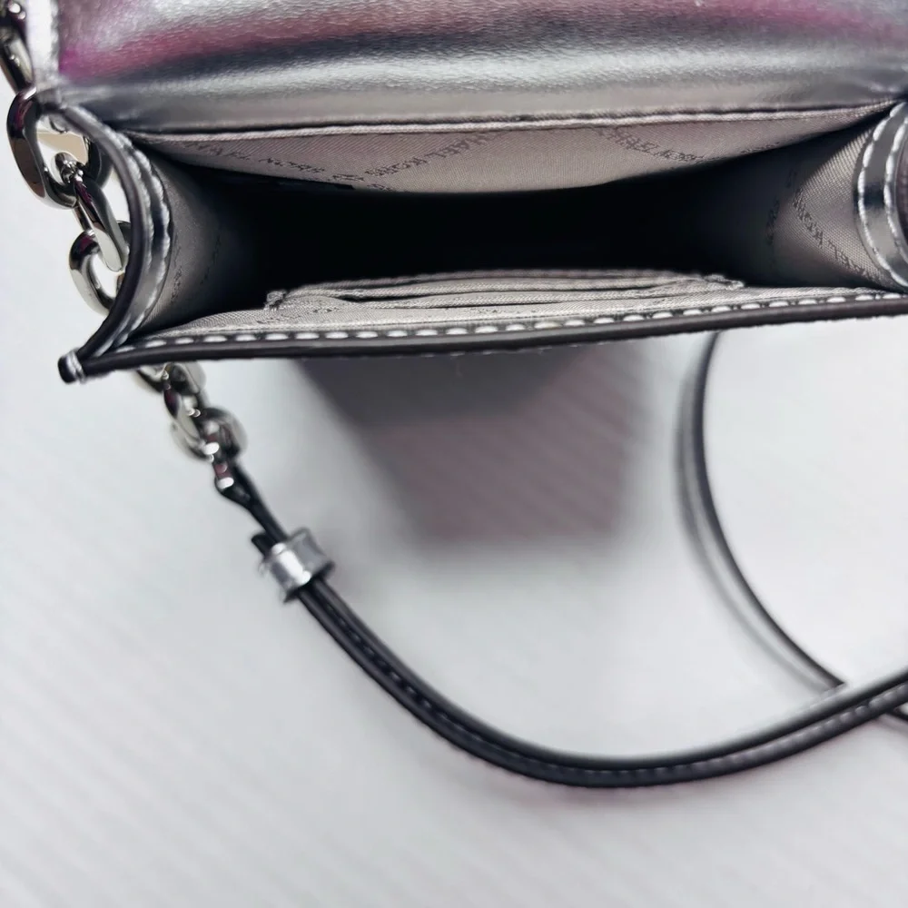 New MICHAEL MICHAEL KORS Carmen Silver Small Logo Smartphone Crossbody Bag
