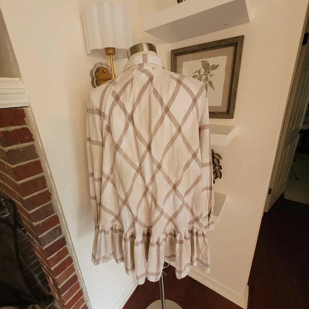 Free People Preppy In Plaid Long Sleeve Button Front Top Ruffle Back Boho 90s L